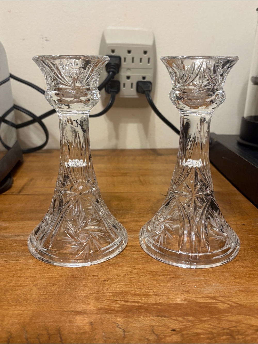 Clear Cut Glass Crystal Pinwheel Starburst Candlestick Holder Pair Set of 2